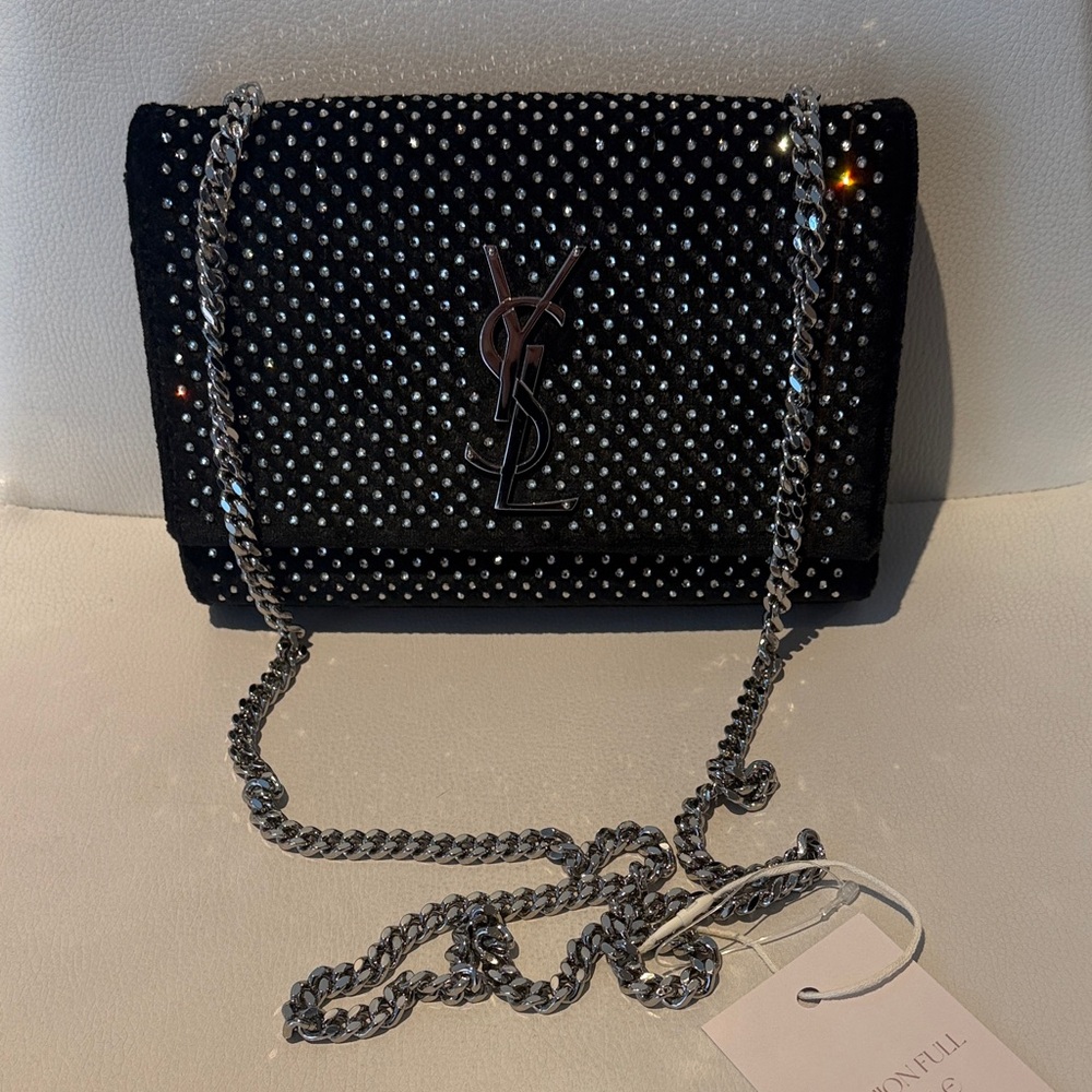 Saint Laurent Black Velvet Crossbody Bag with Crystal Accents